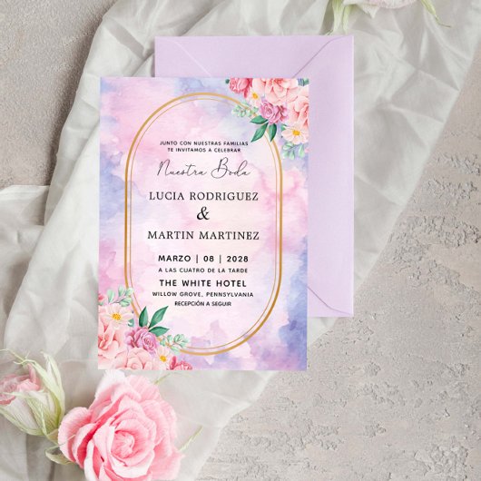 Elegante Floral Goud Paarse Waterverf Nuestra Boda Kaart