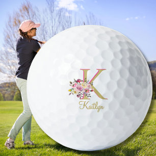 Elegante Floral Goud Roze Custom Monogram Naam Golfballen