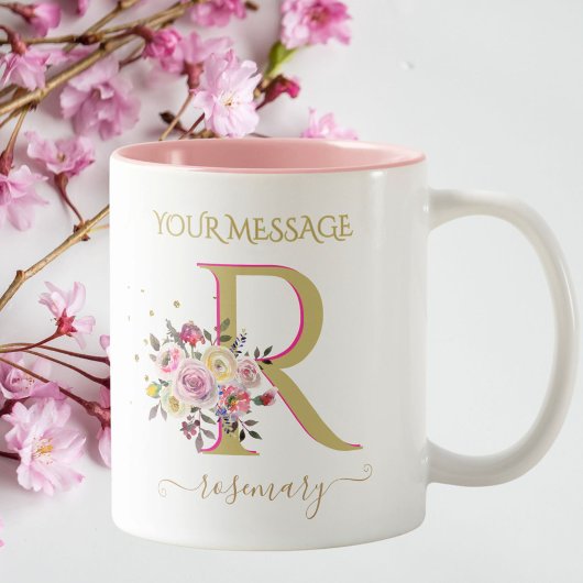 Elegante Floral Goud Roze Custom Monogram Naam Tweekleurige Koffiemok