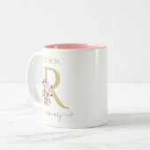Elegante Floral Goud Roze Custom Monogram Naam Tweekleurige Koffiemok (Voorkant links)