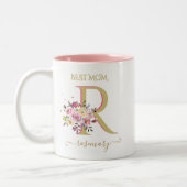 Elegante Floral Goud Roze Custom Monogram Naam Tweekleurige Koffiemok (Links)