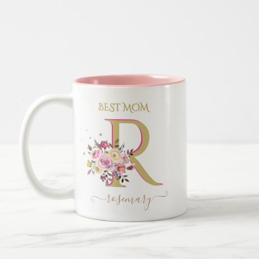 Elegante Floral Goud Roze Custom Monogram Naam Tweekleurige Koffiemok (Links)