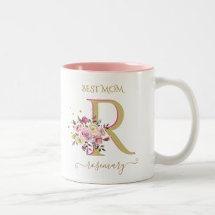 Elegante Floral Goud Roze Custom Monogram Naam Tweekleurige Koffiemok