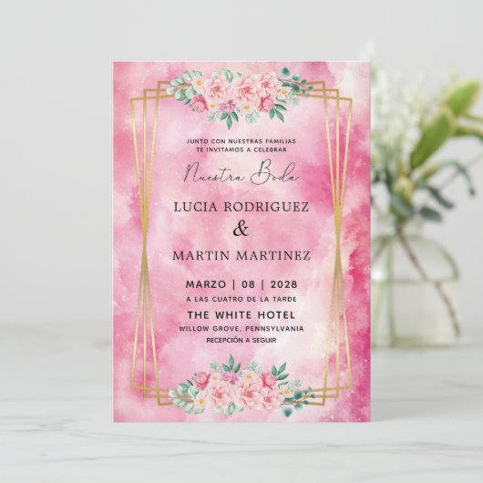Elegante Floral Goud Roze Waterverf Nuestra Boda Kaart (Staand voorkant)