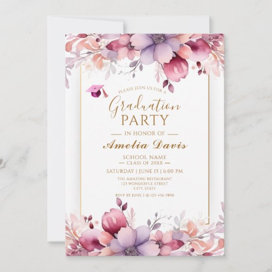 Elegante Floral Graduation Party Uitnodiging (Voorkant)