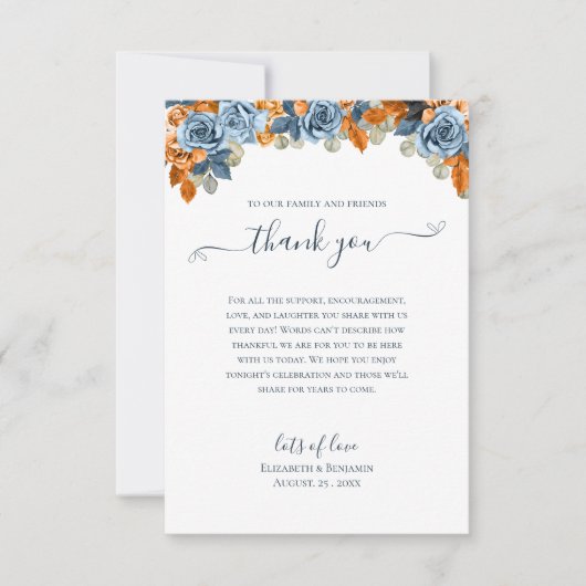 Elegante Floral Herfst Navy en Roest Wedding Boho Bedankkaart (Voorkant)