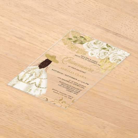 Elegante Floral Ivory Gold Charra Quinceañera Acryl Uitnodigingen (Laagn)