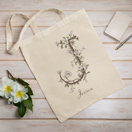 Elegante Floral 'J' Botanical Monogram Custom Name Tote Bag