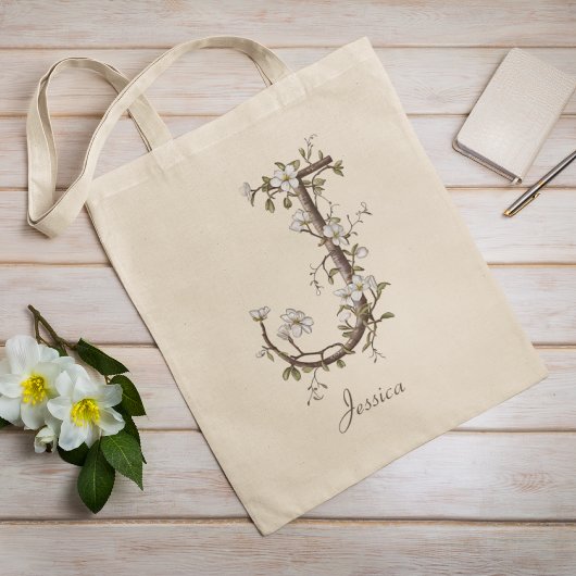 Elegante Floral 'J' Botanical Monogram Custom Name Tote Bag