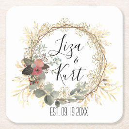 Elegante Floral krans bruiloft gepersonaliseerd Kartonnen Onderzetters