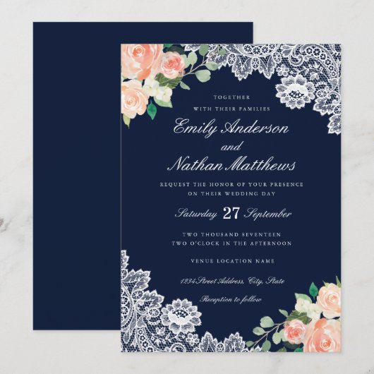 Elegante Floral Lace Navy Peach bruiloft uitnodigi Kaart (Voorkant / Achterkant)