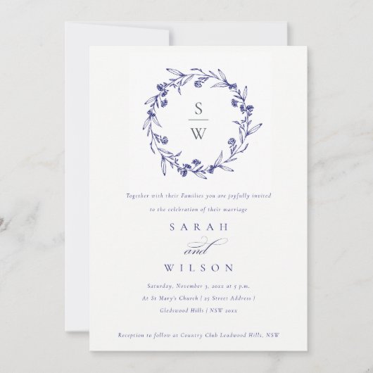 Elegante Floral Laurel krans Navy Blue bruiloft Kaart (Voorkant)