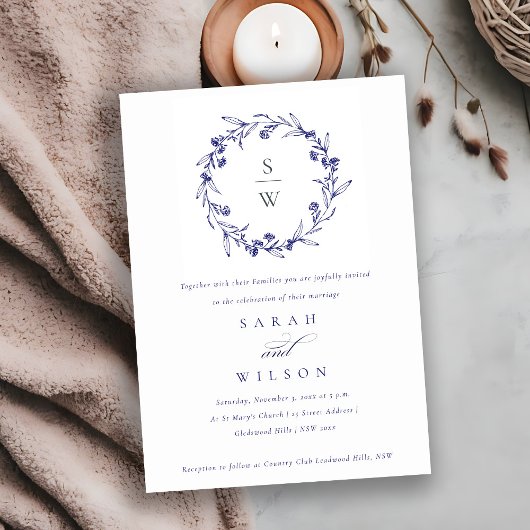 Elegante Floral Laurel krans Navy Blue bruiloft Kaart