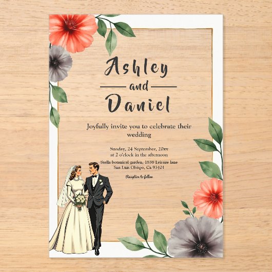 Elegante Floral Lijst bruid en bruidegom Chic Wedd Acryl Uitnodigingen (Voorkant)