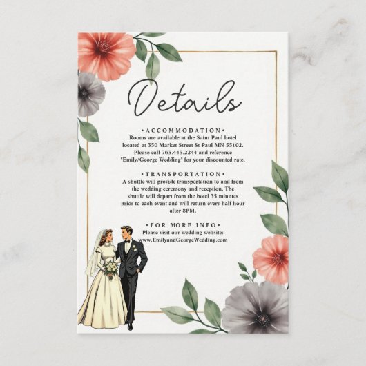 Elegante Floral Lijst bruid en bruidegom Chic Wedd Informatiekaartje (Voorkant)