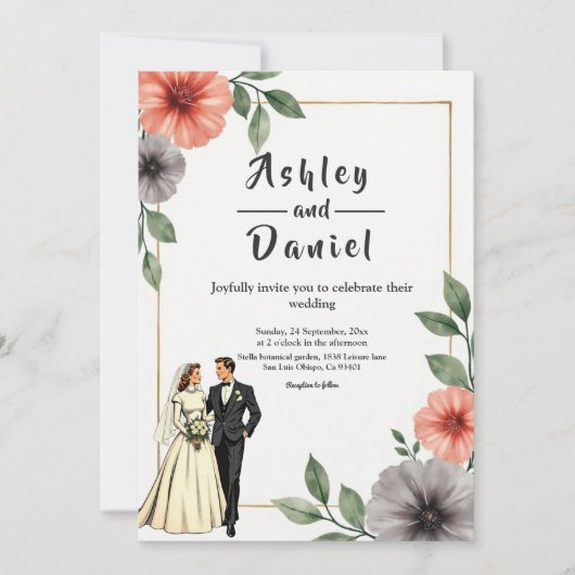 Elegante Floral Lijst bruid en bruidegom Chic Wedd Kaart (Voorkant)