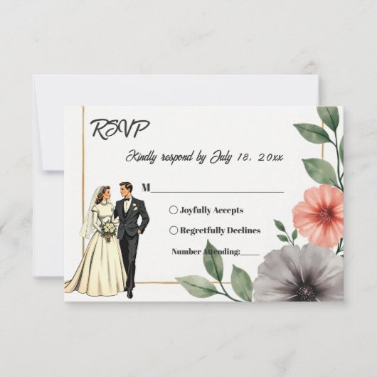 Elegante Floral Lijst bruid en bruidegom Chic Wedd RSVP Kaartje (Voorkant)