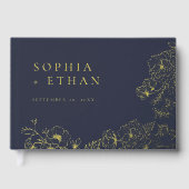 Elegante Floral Line Art Navy Blue Wedding Folie Gastenboek (Voorkant)