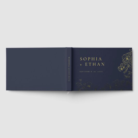Elegante Floral Line Art Navy Blue Wedding Folie Gastenboek (Volledig)