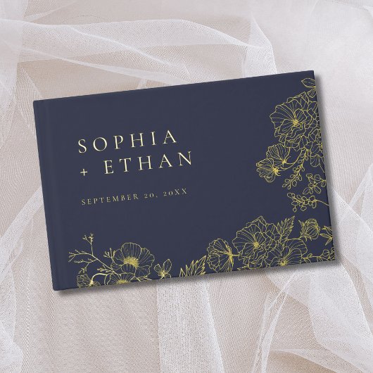 Elegante Floral Line Art Navy Blue Wedding Folie Gastenboek