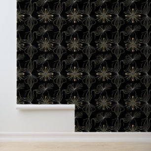 Elegante Floral Line Art op zwarte achtergrond Behang