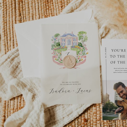 Elegante Floral Manor Wedding Crest Vellum Uitnodigingen