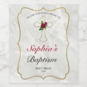 Elegante Floral Marble Gold Cross Baby doop Wijn Etiket (Enkel label)
