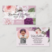 Elegante Floral Mauve Hair Salon Stylist Foto QR Visitekaartje (Voorkant / Achterkant)