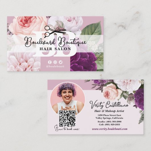 Elegante Floral Mauve Hair Salon Stylist Foto QR Visitekaartje (Voorkant / Achterkant)