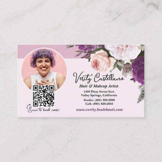 Elegante Floral Mauve Hair Salon Stylist Foto QR Visitekaartje (Achterkant)