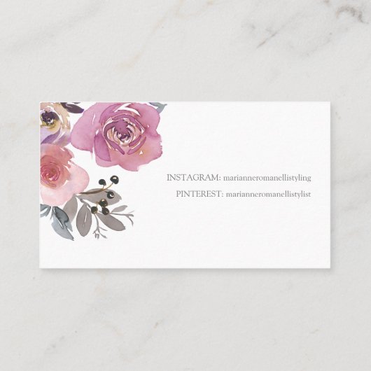 Elegante Floral Mauve Roze Waterverf Visitekaartje (Achterkant)