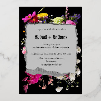 Elegante Floral met stijlvolle betonnen rand Folie Uitnodiging