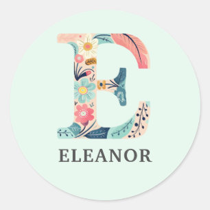 Elegante Floral Natuur Letter E Gepersonaliseerde  Ronde Sticker