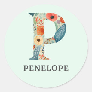 Elegante Floral Natuur Letter P Gepersonaliseerde  Ronde Sticker