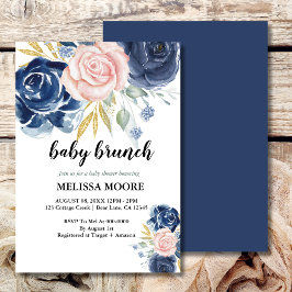 Elegante Floral navy blauw roze baby brunch douche Kaart