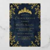 Elegante  Floral Navy Gold Quinceanera Folie Uitnodiging (Voorkant)