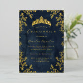 Elegante  Floral Navy Gold Quinceanera Folie Uitnodiging (Staand Voorkant)