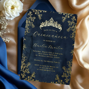 Elegante  Floral Navy Gold Quinceanera Folie Uitnodiging