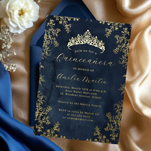Elegante  Floral Navy Gold Quinceanera Folie Uitnodiging