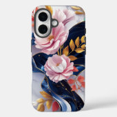 Elegante Floral Navy Marmeren iPhone Case (Achterkant)