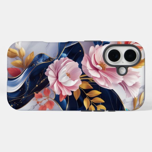 Elegante Floral Navy Marmeren iPhone Case (Achterkant (horizontaal))