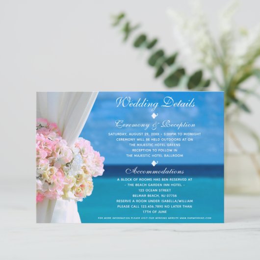 Elegante Floral Ocean Beach bruiloft details Kaart (Staand voorkant)