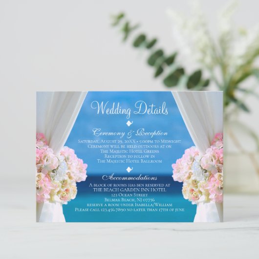 Elegante Floral Ocean Beach bruiloft details Kaart (Staand voorkant)