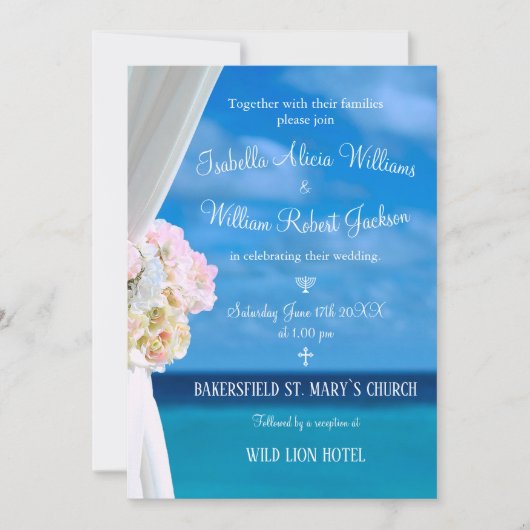 Elegante Floral Ocean Beach Zomer bruiloft ceremon Kaart (Voorkant)