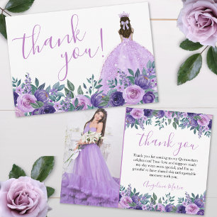 Elegante Floral Paarse Quinceañera Foto Bedankkaart