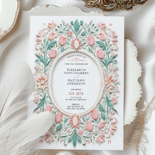 Elegante Floral Pastel Faux Papercut bruiloft Kaart