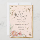 Elegante Floral Peach Gold bruiloft Kaart (Voorkant)