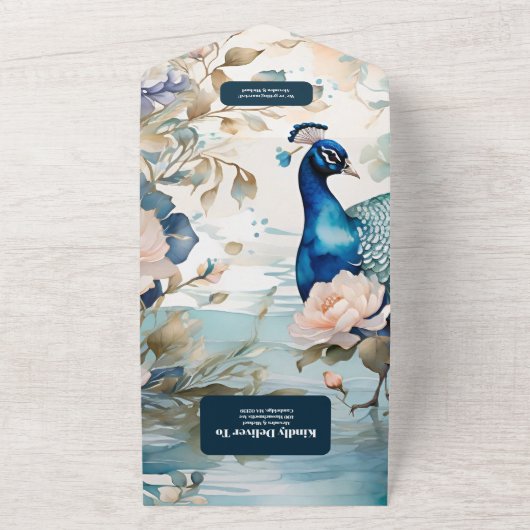 Elegante Floral Peacock Chinoiserie Bruiloft All In One Uitnodiging (Buitenkant)