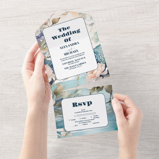 Elegante Floral Peacock Chinoiserie Bruiloft All In One Uitnodiging (Afscheurbaar)