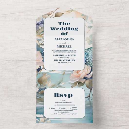 Elegante Floral Peacock Chinoiserie Bruiloft All In One Uitnodiging (Binnen)